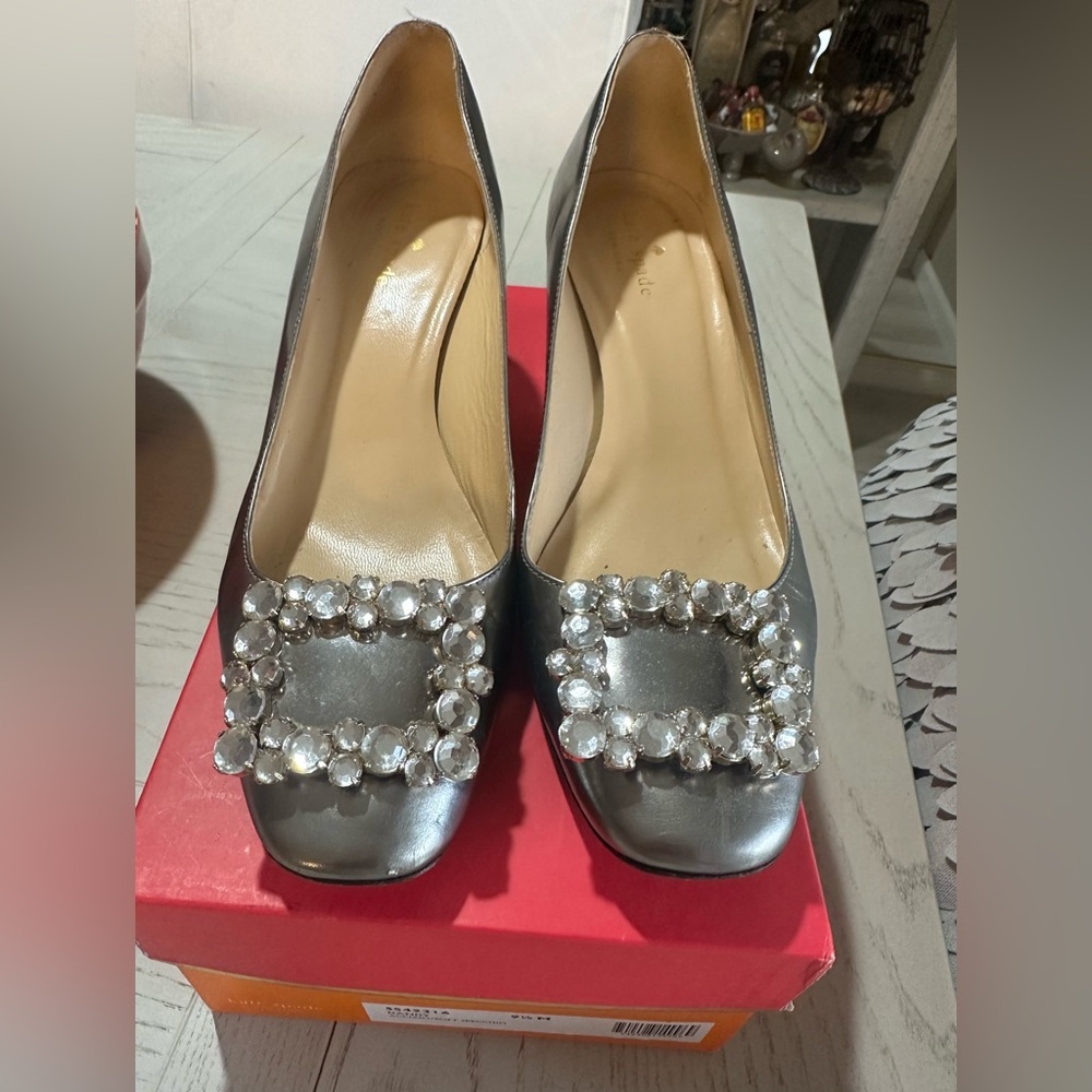 Kate Spade Silver Heels with Crystal Buckle